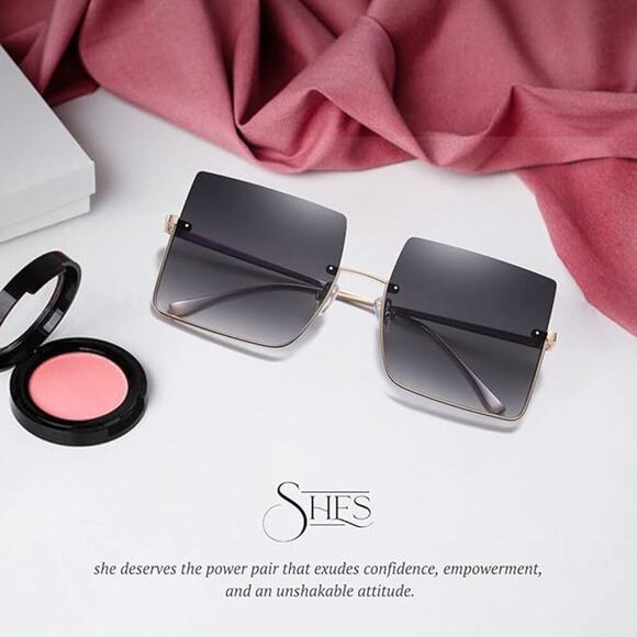 Gray Oversized Square Sunglasses Rimless, Gradient, Fashionable & UV Protection - Picture 2 of 5